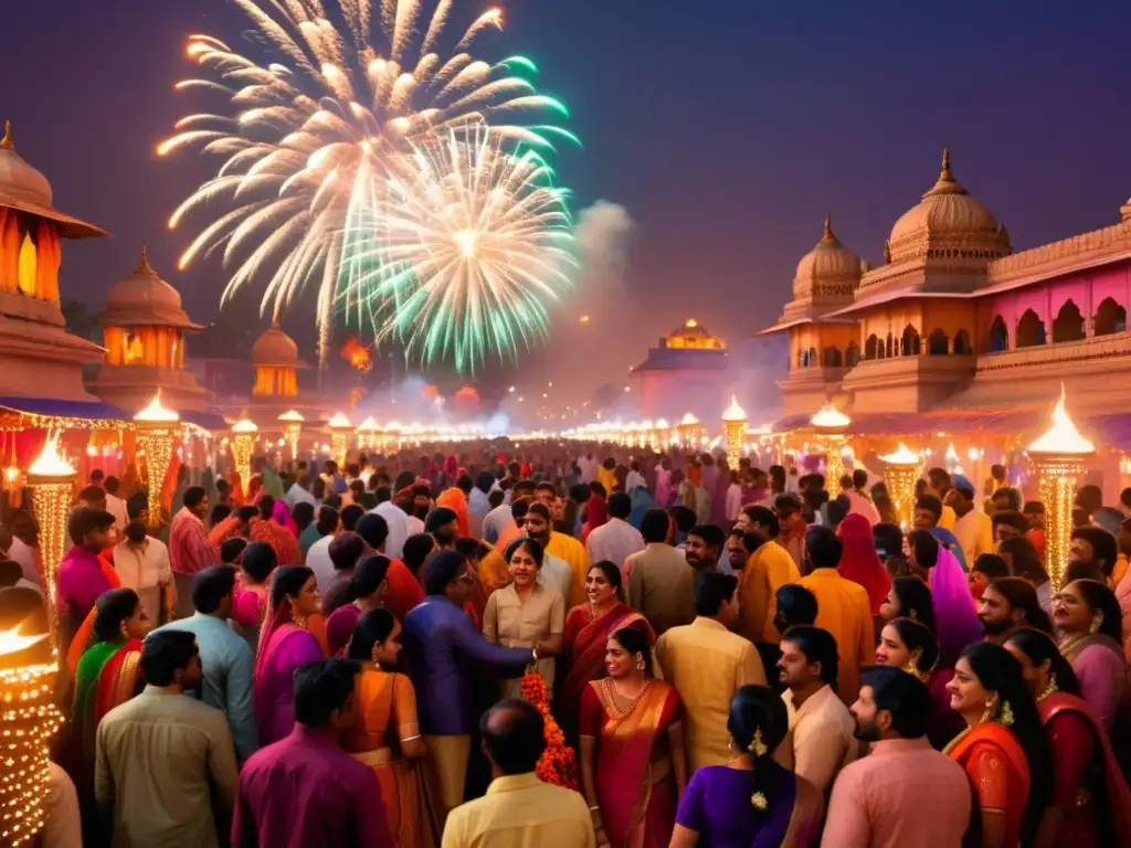 Festival Diwali en India: calle vibrante con diyas, fuegos artificiales y celebraciones alegres