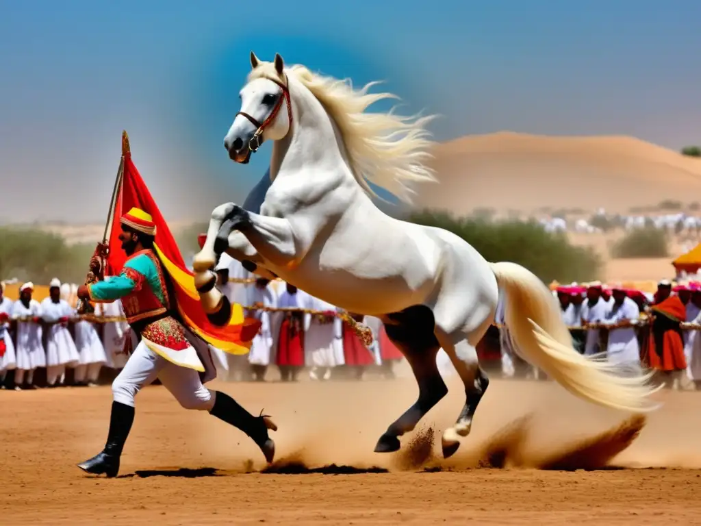 Festival Fantasía Marruecos danza caballos: escena cautivadora de un majestuoso caballo blanco y su jinete en un ambiente etéreo