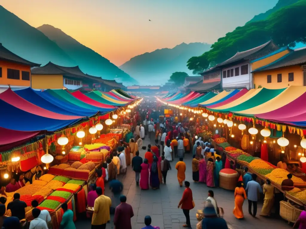 Festival tradicional: escena vibrante de fusiones culturales en un mercado lleno de vida y color