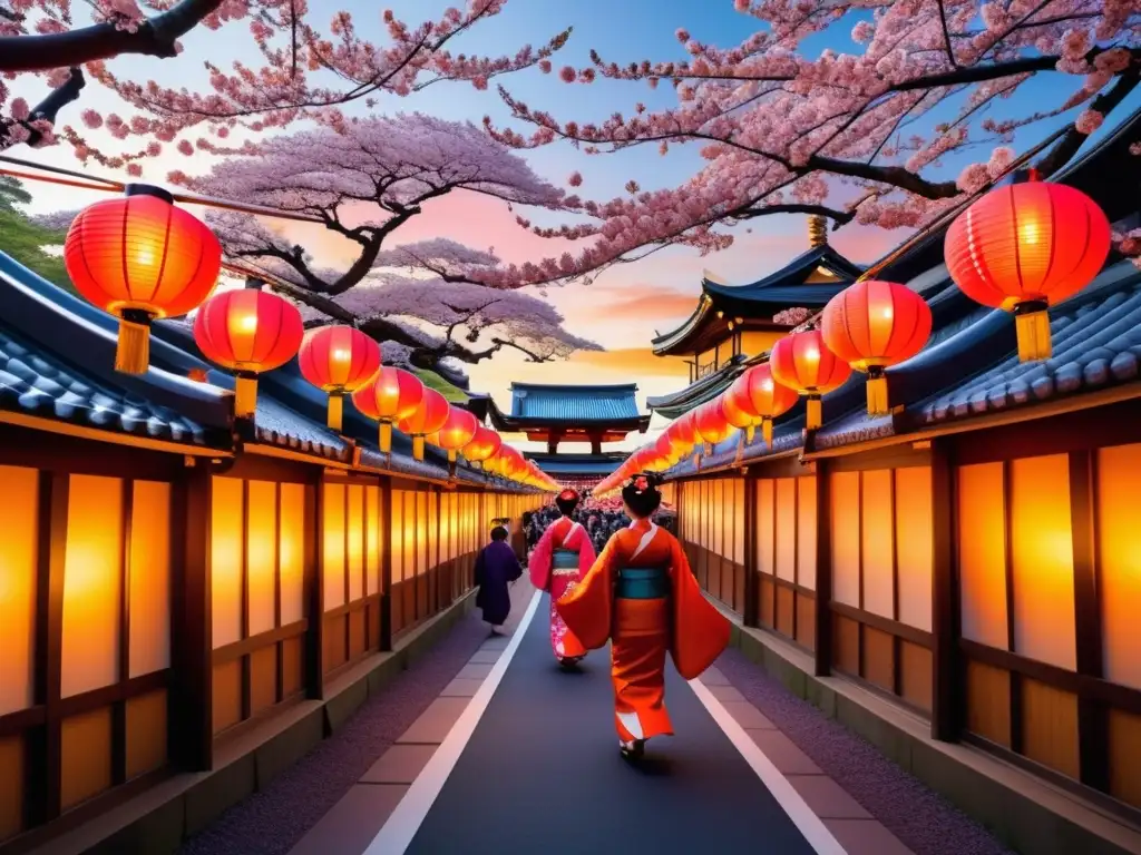 Escena vibrante de un festival tradicional en Japón: geishas, kimonos y música, ¡una celebración cultural! #FestivalesTradicionales