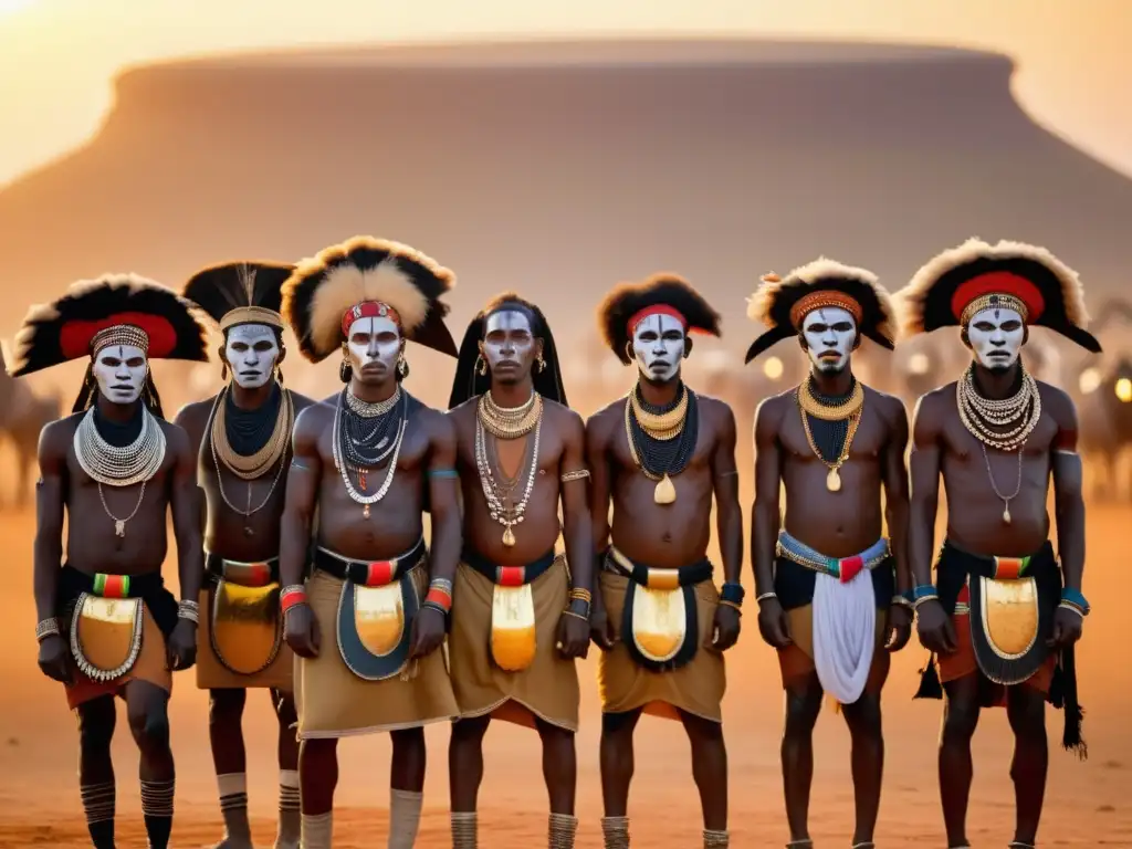 Festival Gerewol África: Hombres Wodaabe adornados, belleza y encanto en la savannah africana al atardecer