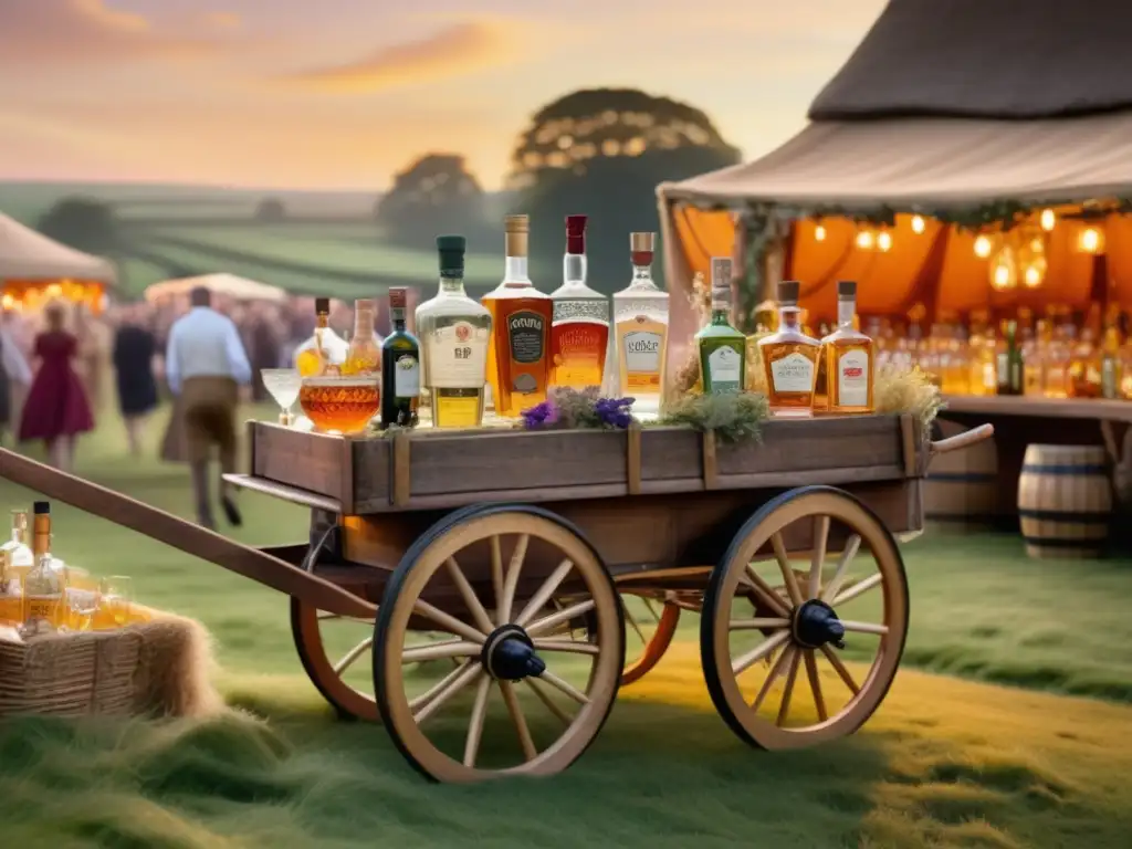 Celebraciones tradicionales británicas con ginebra en un campo al atardecer