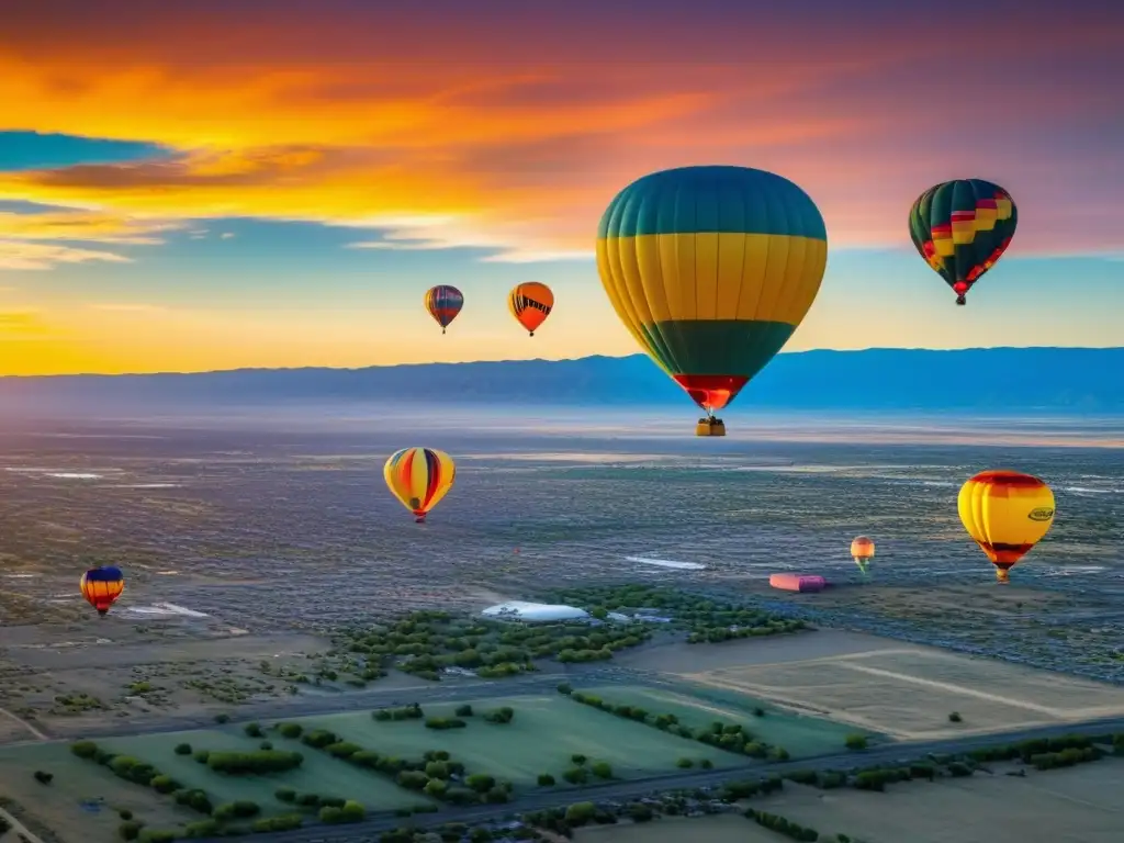 Festival globos Albuquerque NM, escena mágica con atardecer dorado, montañas neblinosas y globos de aire vibrantes