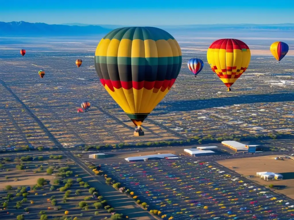 Festival globos Albuquerque Nuevo México: Majestuoso globo aerostático preparado para volar en un cielo azul lleno de color y maravilla