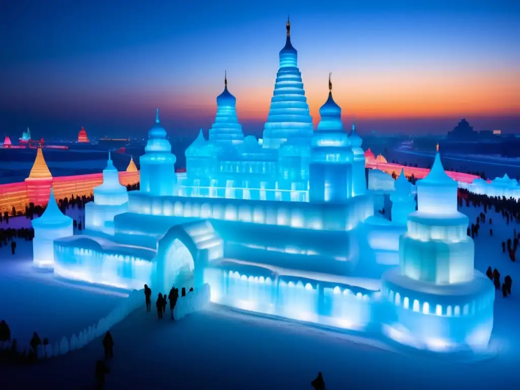 Festival del Hielo Harbin: Escena mágica con majestuosos esculturas de hielo iluminadas por vibrantes colores, creando un mundo encantador y etéreo