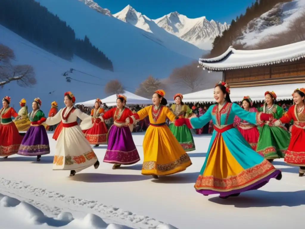 Historia trajes festivales invierno: danza vibrante en escenario nevado, trajes tradicionales detallados y coloridos, movimiento alegre y mágico