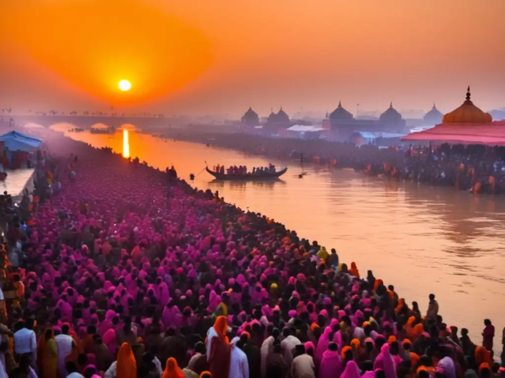 Escena vibrante del Festival de Kumbh Mela en India: devotos, Ganges, espiritualidad, rituales, cultura, festivales sagrados transformación vida