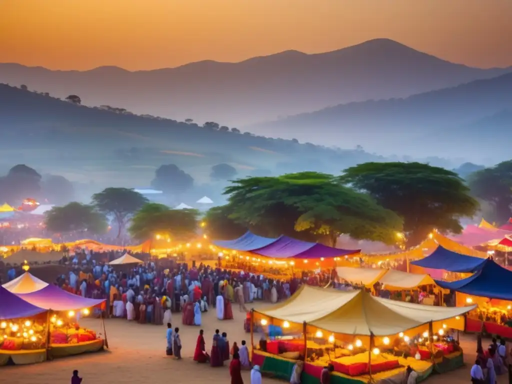 Escena vibrante de un festival sostenible tradicional al atardecer