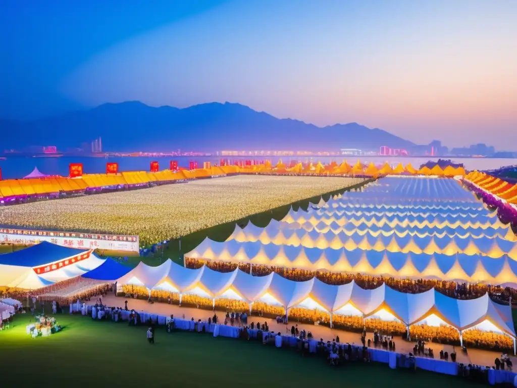 Festival de la Cerveza en Qingdao, China: vista mágica de la celebración con iluminación etérea, vibrantes carpas y arquitectura tradicional