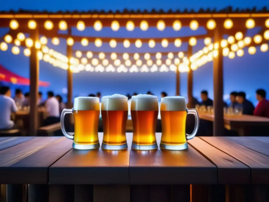 Festival de la Cerveza Qingdao China: escena mágica con luces y mugs de cerveza, rodeada de emoción y belleza