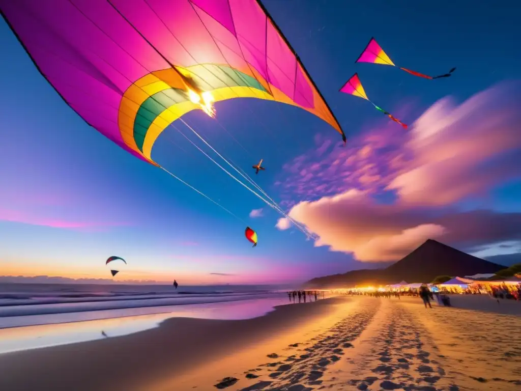 Festival Cometa Nueva Zelanda: kites coloridos vuelan sobre playa pintoresca, creando atmósfera mágica