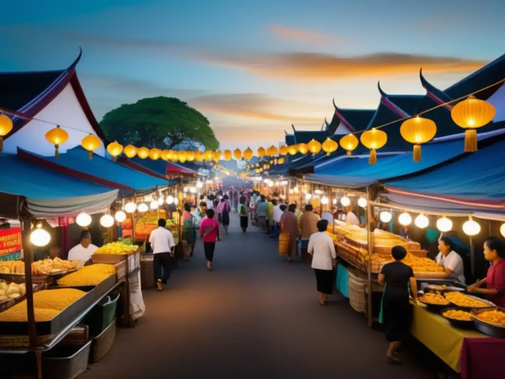 Festival comida callejera Tailandia: Escena vibrante y etérea de una calle llena de puestos de comida, iluminada por una suave luz dorada