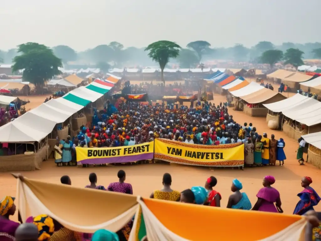 Celebración de cosecha de Yam en Nigeria: Vibrante escena festiva con mujeres vestidas en Ankara y cestas de yam recién cosechados