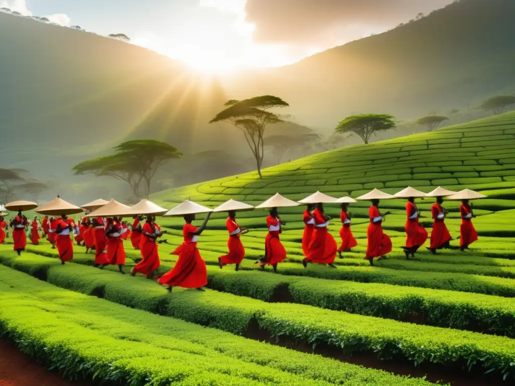 Tradición del Festival de la Cosecha de Te en Kenia: Procesión vibrante en una plantación de té, danzas y tambores, montañas nevadas de fondo