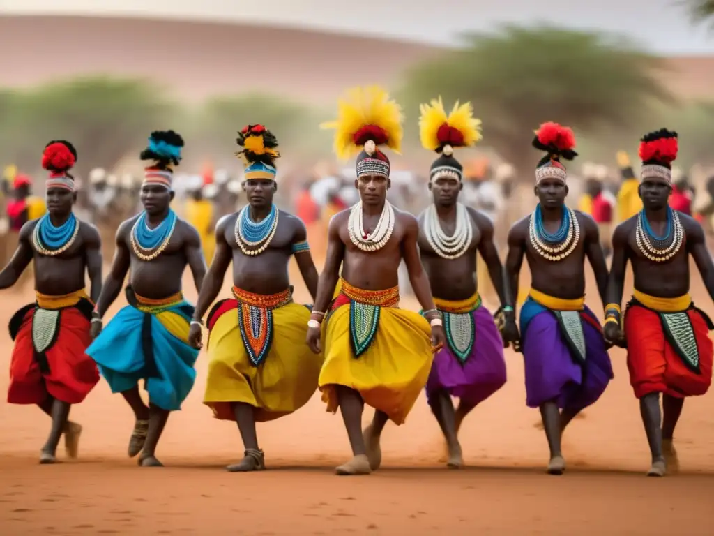 Festival Danza Cazadores Mali: imagen mágica danzantes tribales, vibrante aldea, paisajes africanos ricos