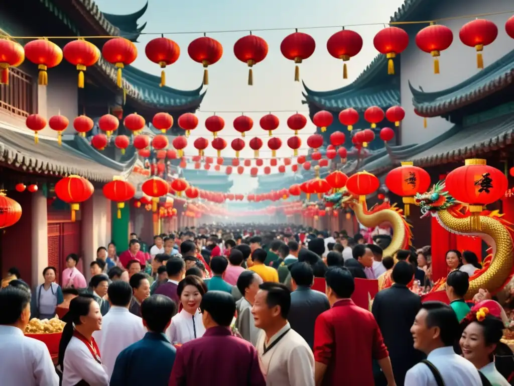 Festival Danza Dragón China: calle animada con decoraciones coloridas, danzas del dragón y comida tradicional