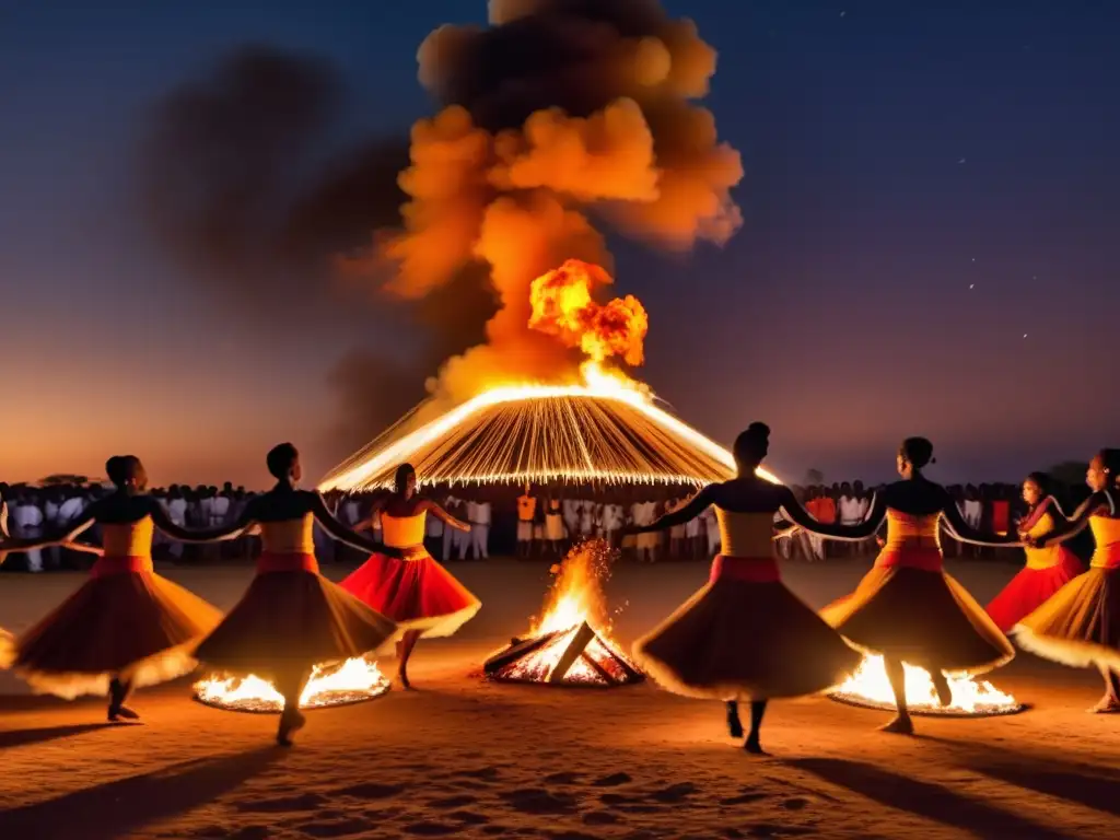 Festival de la Danza del Fuego en Zambia: Escena mágica de baile y fuego bajo el cielo africano