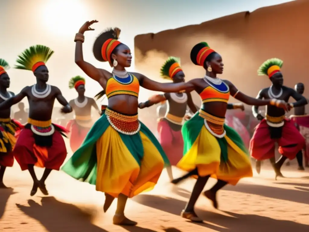 Festival Danza Cazadores Mali: vibrante escena de tradición africana con danzantes en trajes coloridos, ritmo de tambores y espectadores emocionados