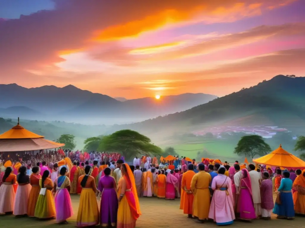 Festividades tradicionales igualdad de género en una imagen vibrante y etérea que muestra una escena de festival tradicional en un paisaje pintoresco