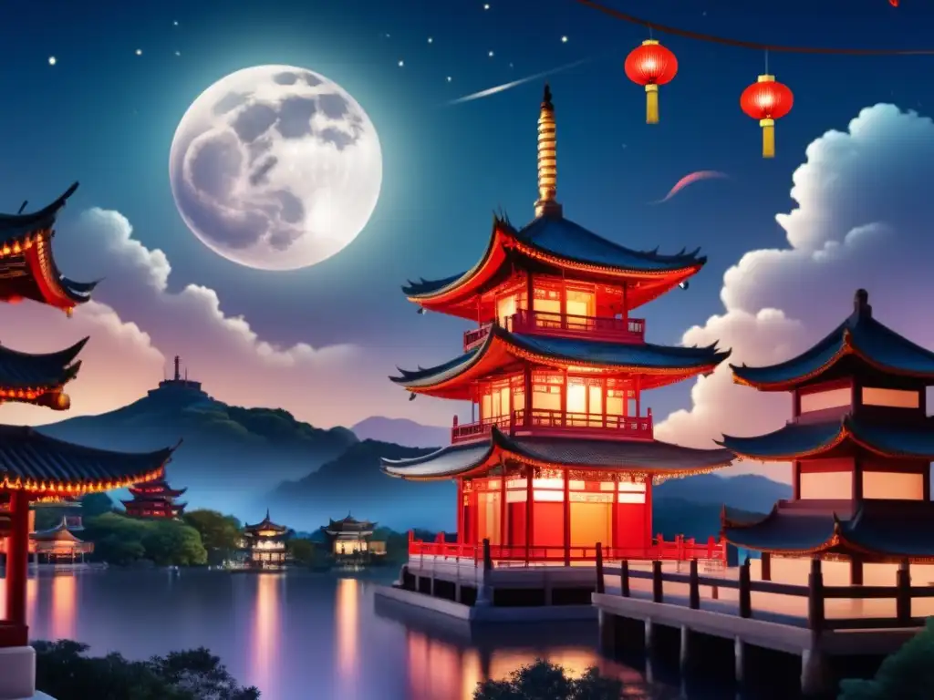 Imagen de paisaje nocturno con luna llena, pagoda china y festividad de la Luna China tradición