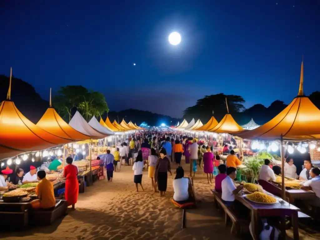 Festival Luna Llena Tailandia: Escena nocturna vibrante en el festival, con comida tradicional, ambiente animado y hermosas linternas