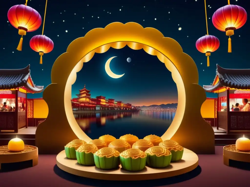 Comidas tradicionales en festivales: Escena nocturna en el Festival de la Luna, con una mesa decorada y variedad de mooncakes