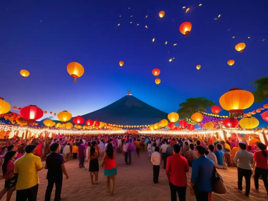 Festivales tradicionales fusionados: Celebración grandiosa con luna llena, linternas, flores y pyramids, fusionando México, Taiwán e India