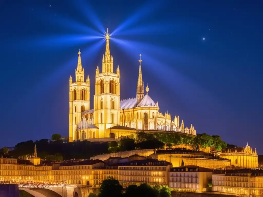 Festival de la Luz de Lyon: Basilique NotreDame de Fourvière iluminada en una noche mágica junto a la gente maravillada