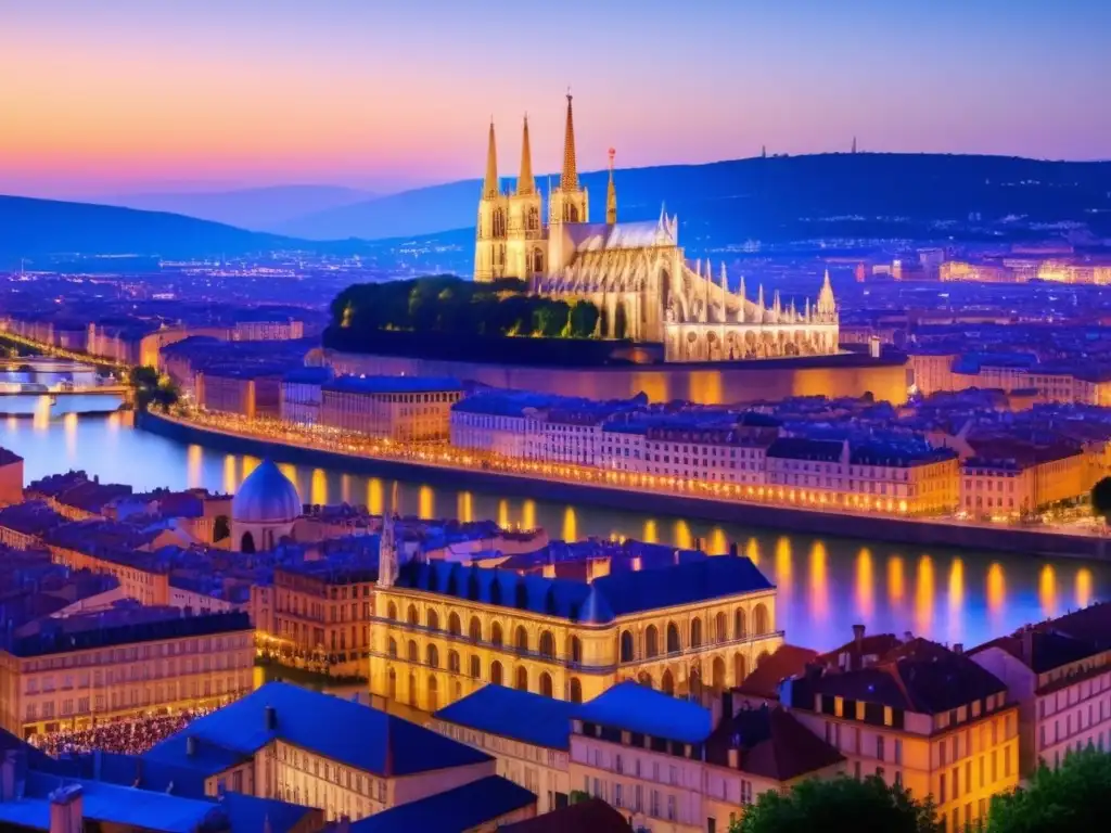 Festival de la Luz de Lyon: Ciudad iluminada, catedral celestial y río Rhône reflejando la magia (110 caracteres)