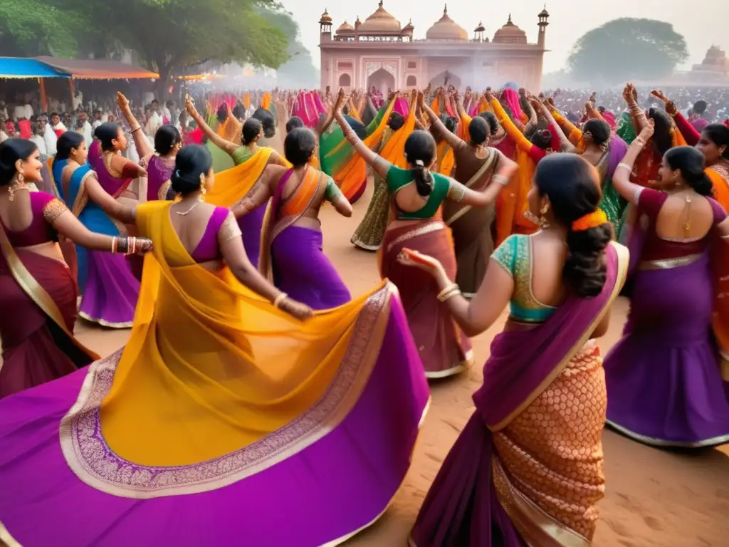 Festival de la Luz en India, mujeres en sarees vibrantes, música tradicional y lanternas iluminando la noche