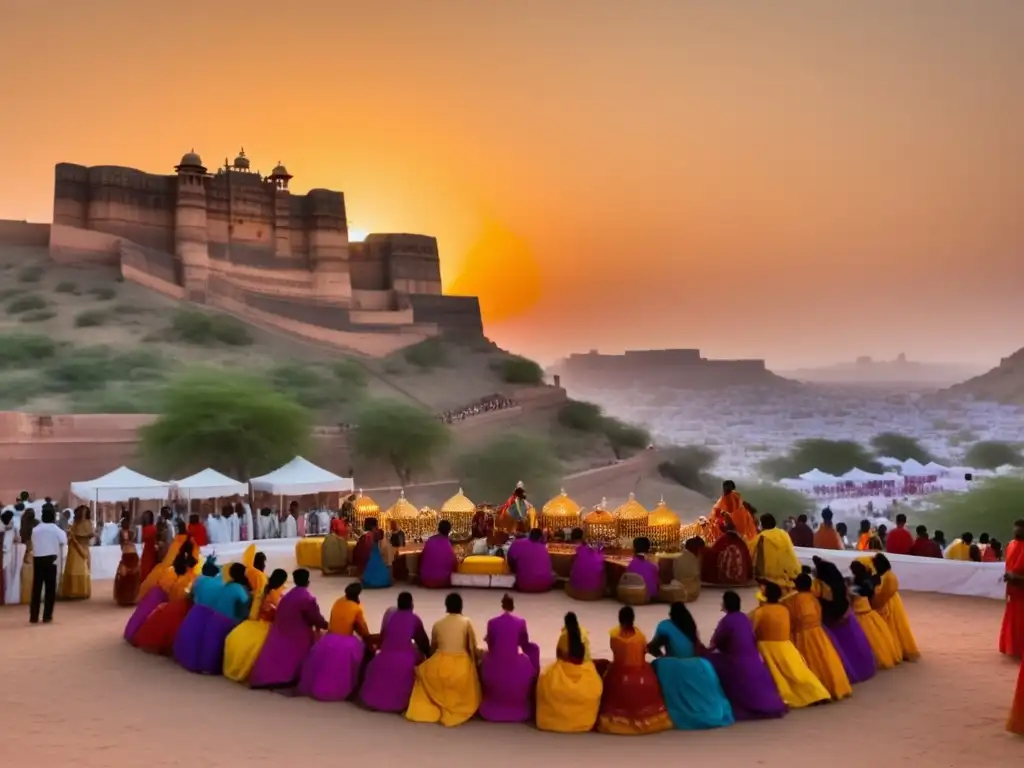 Celebración Festival Música Rajasthan India en atardecer vibrante con músicos tradicionales y hermoso Mehrangarh Fort