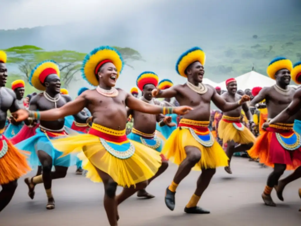 Festival Música Congo: Rumba africana y tradiciones, escena vibrante con música, danza y atuendos tradicionales