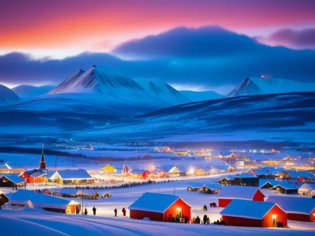 Festival de la Nieve en Kiruna, Suecia: paisaje invernal con montañas nevadas, esculturas de hielo iluminadas y actividades festivas