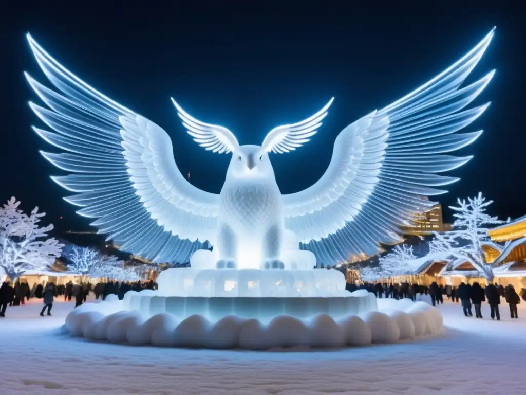 Festival de la Nieve en Sapporo, Japón: Escultura de hielo iluminada en una noche mágica con montañas nevadas y luna llena