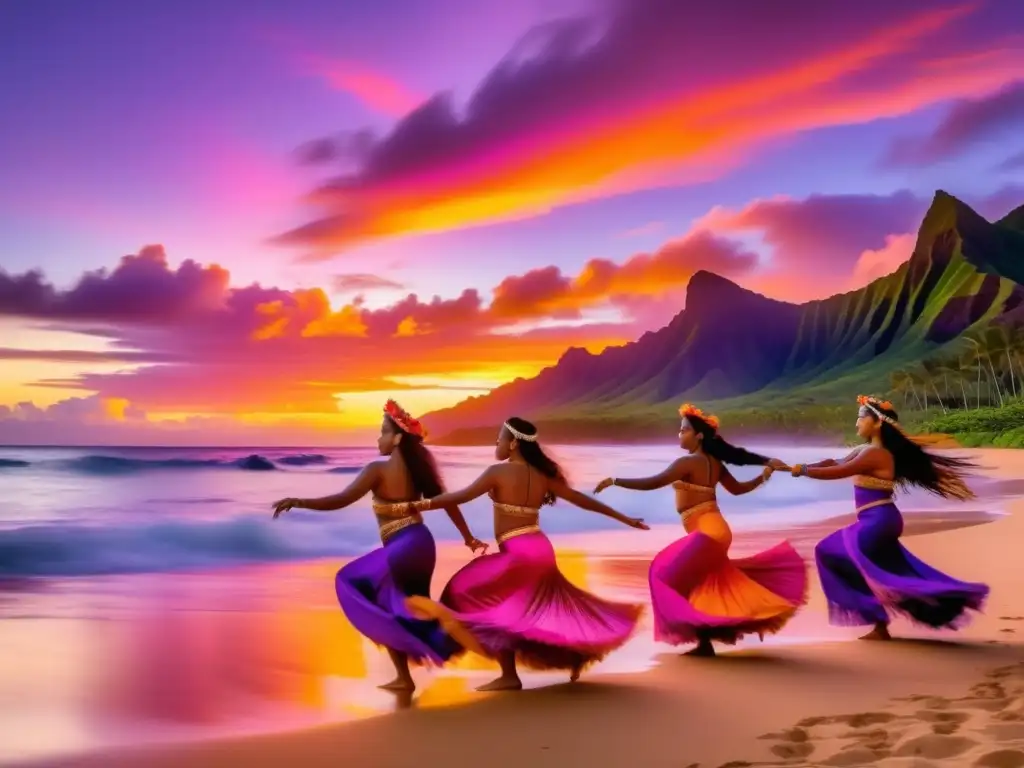 Festival de la Polinesia en Hawái: danza tradicional en un vibrante atardecer en la playa