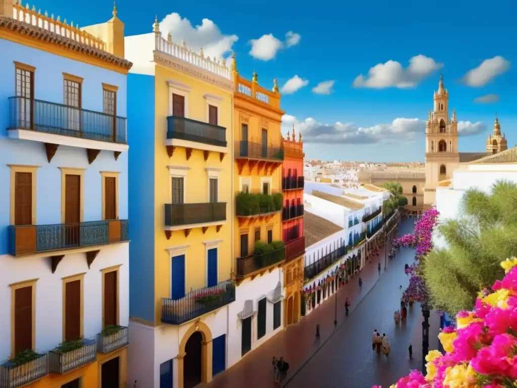 Festival de la Primavera Sevilla: Escena vibrante de la ciudad con edificios coloridos, balcones floridos y personas vestidas de flamenco