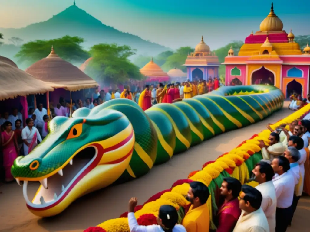 Festival de la Serpiente India: Celebración vibrante en una pintoresca aldea con música alegre, trajes ornamentados y serpientes flotantes