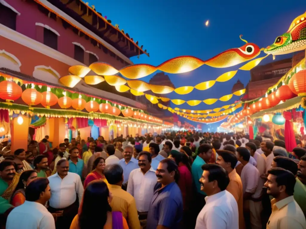 Festival Serpiente India: Escena vibrante y colorida, con desfile, danzas y decoración tradicional