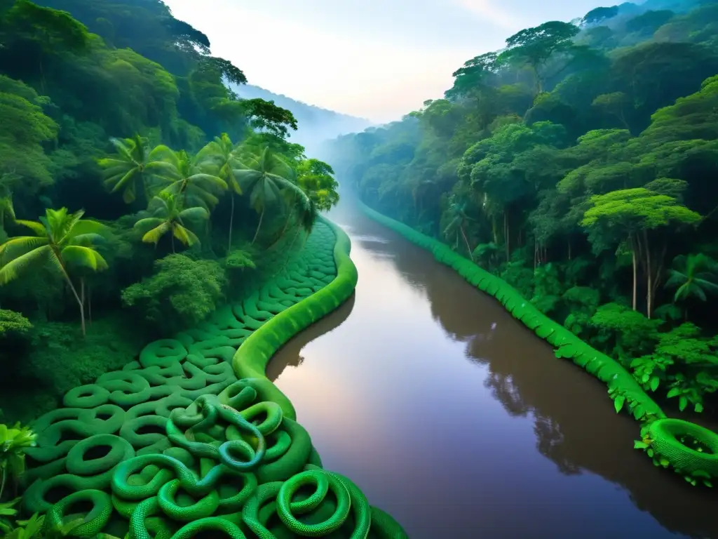 Festival de la Serpiente India en un paisaje mágico con serpientes flotantes, naturaleza exuberante y personas en trajes tradicionales