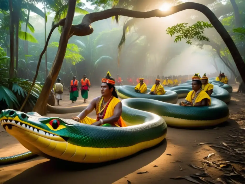 Deslumbrante Festival de la Serpiente India: una procesión vibrante de serpientes sagradas y atuendos tradicionales en un bosque místico y dorado