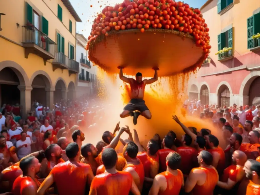 Fotografía vibrante de la Tomatina en Buñol, España - Técnicas documentación visual festivales mundo