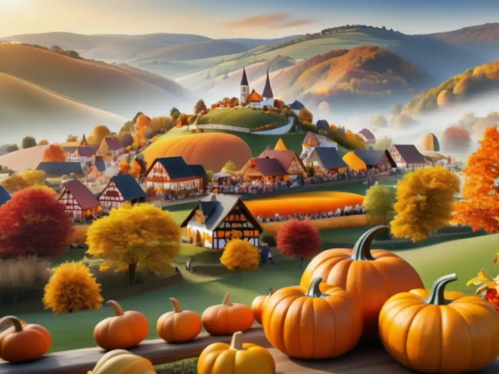 Festival de calabazas en Alemania: imagen otoñal con paisaje campestre, colinas cubiertas de hojas en tonos naranjas, amarillos y rojos