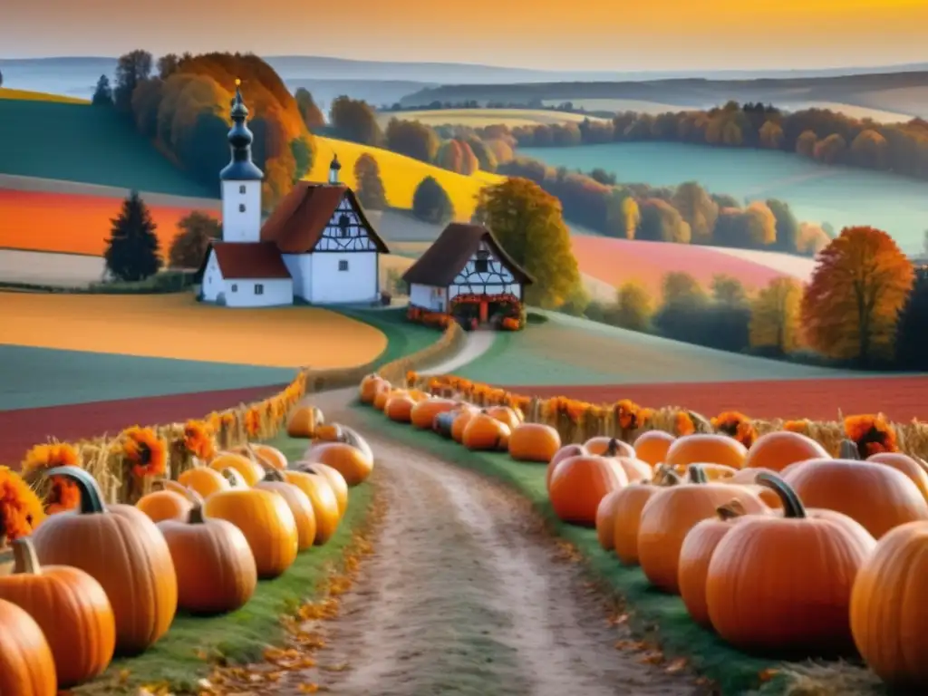 Festival calabazas en Alemania, paisaje otoñal con camino y calabazas decoradas