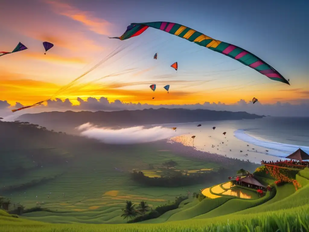 Festival de las cometas Bali: Kites dance in a vibrant sunset, creating an ethereal scene of colorful patterns and joy