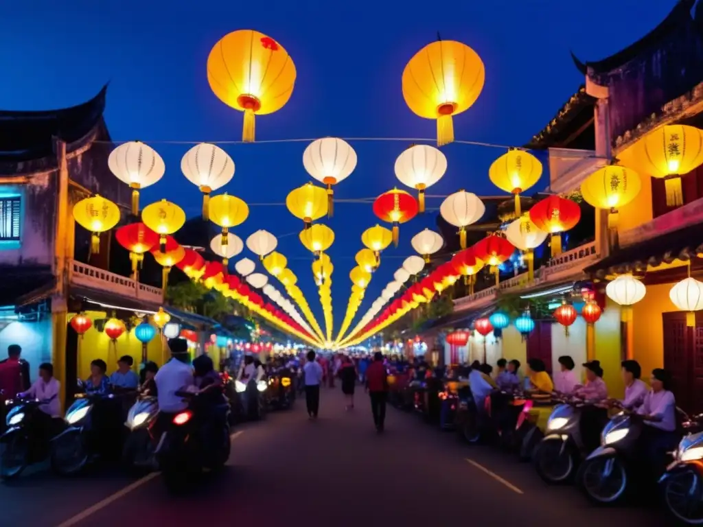 Festival Farolillos Hoi An Vietnam: escena mágica de calles llenas de farolillos multicolores, reflejo de la rica cultura vietnamita