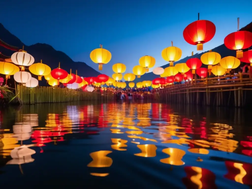 Festival de las Linternas en Taiwán: Festivales de luz tradicionales en un lago sereno con miles de vibrantes linternas iluminando el cielo nocturno