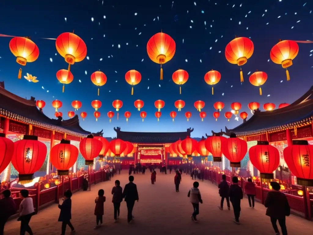 Influencia cultural en festivales asiáticos: Mágico Festival de las Linternas en China, con paisaje estrellado, río brillante, arquitectura tradicional y gente vestida con colores vibrantes