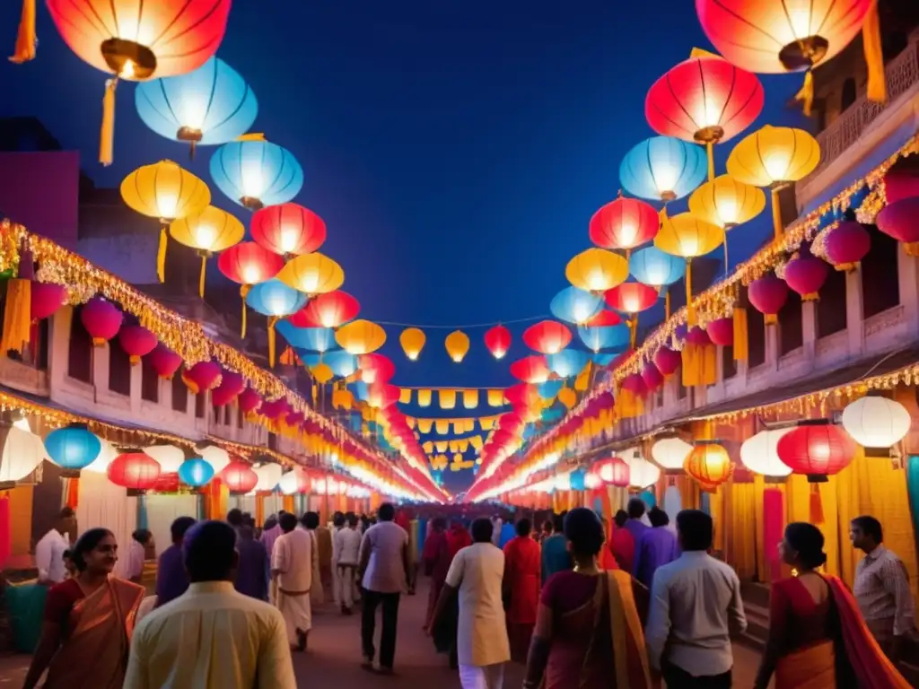 Festival de las Luces en India: Escena nocturna impresionante con linternas de papel iluminadas, festivales sostenibles tradicionales