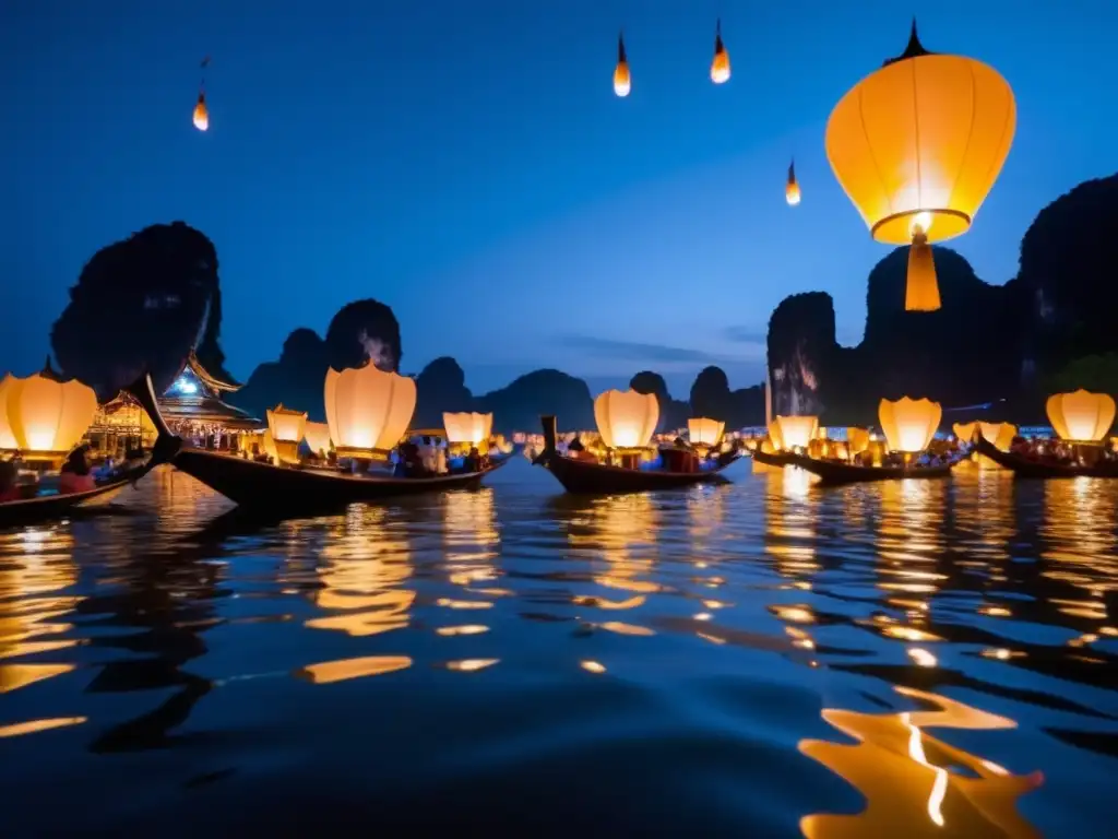 Festival luces flotantes en Tailandia: un escenario mágico y sereno con linternas de loto iluminando el río