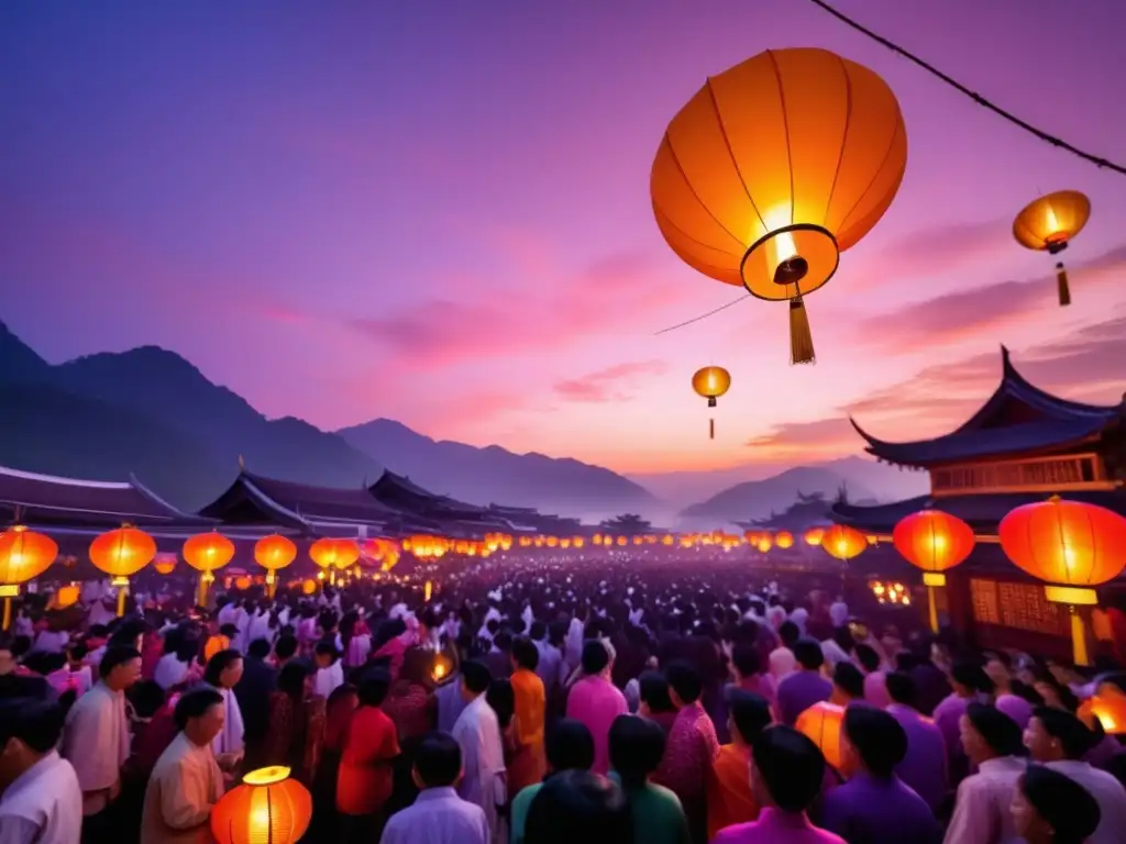 Festival tradicional en Asia: una escena vibrante y etérea llena de lanternas, danzas de dragones y cultural (110 caracteres)